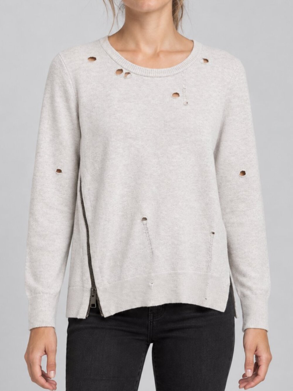 Pam & Gela Heather Gray Distressed Side Zip Crewneck Sweater Small